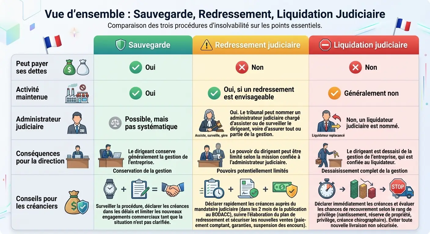 Sauvegarde, redressement, liquidation : vue d'ensemble comparative des trois procédures collectives